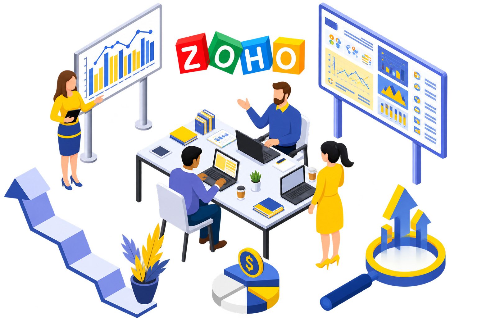 Team collaborating on Zoho CRM dashboards and analytics
